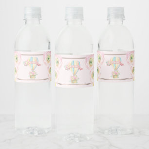 Feminine Pink Hot Air Balloon Floral Baby Girl Water Bottle Label