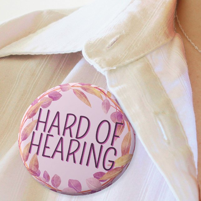 Feminine Pink Leaves Wreath Hard of Hearing  3 Cm Round Badge (Pink feminine hard of hearing badge on womens blouse)