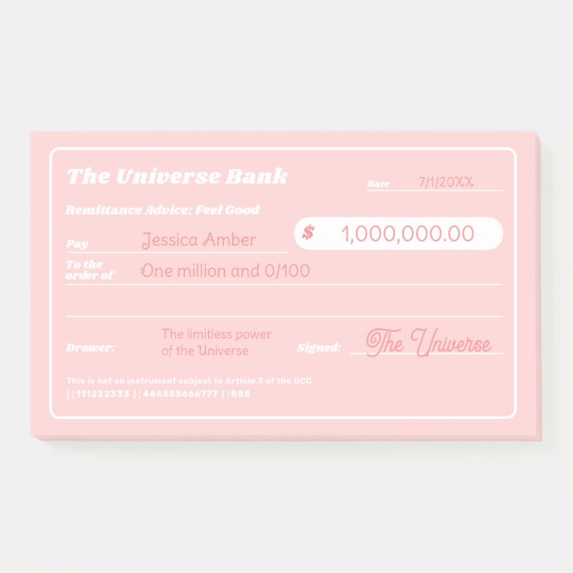 Feminine Pink Money Manifestation Blank Check Post-it Notes (Front)