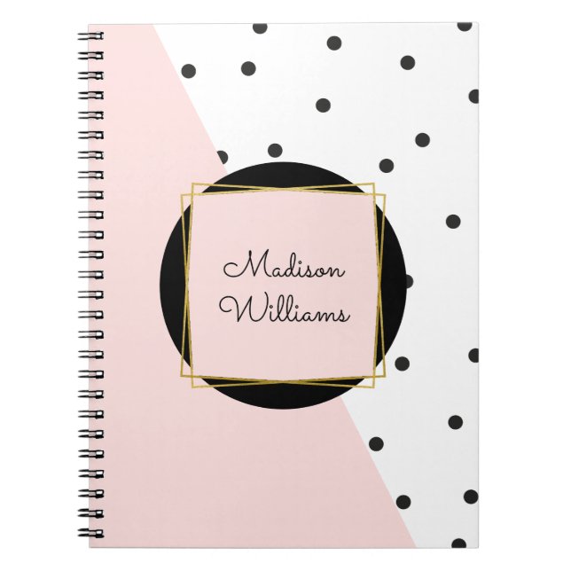 Feminine Pink Personalised Colour Block Polka Dots Notebook (Front)