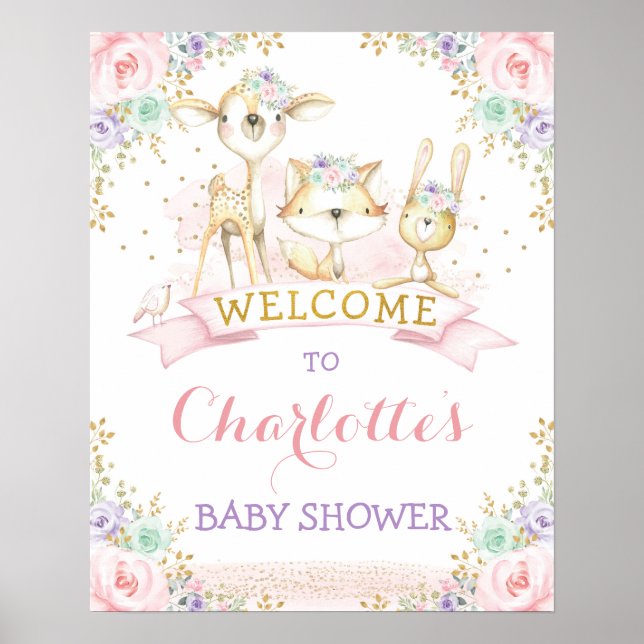 Feminine Pink Purple Mint Woodland Animals Welcome Poster (Front)