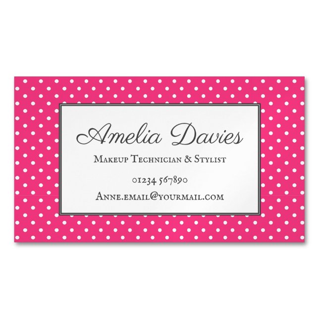 Feminine Pink Retro Polka Dot Business Card Magnet (Front)