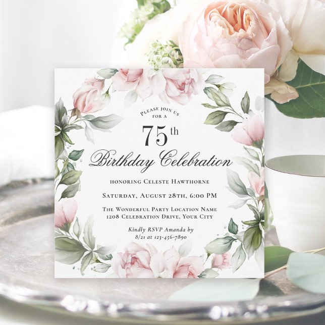 Feminine Pink Roses 75th Birthday Party Invitation (Creator Uploaded)