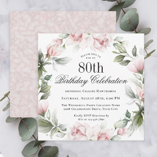 Feminine Pink Roses 80th Birthday Party Invitation