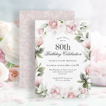 Feminine Pink Roses 80th Birthday Party Invitation<br><div class="desc">Celebrate an 80th birthday in the most beautiful feminine style with this exquisite birthday party invitation in pink florals. Your event text is surrounded by a floral watercolor wreath of pastel pink roses and wispy greenery. All of the text can be personalised with your custom party text, including the age....</div>