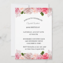 Feminine Pink Roses 90th Birthday Party Invitation