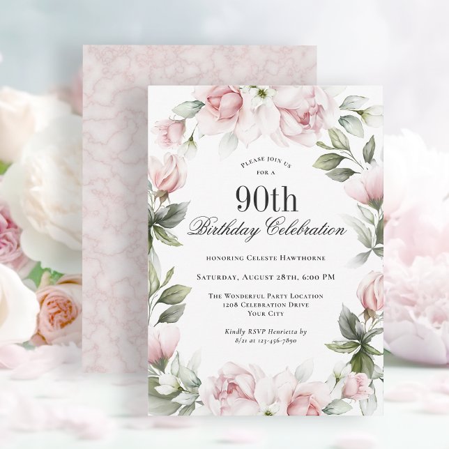 Feminine Pink Roses 90th Birthday Party Invitation (Available as printed and paperless digital download!)