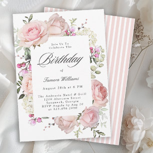 Feminine Pink Roses Calligraphy Birthday Party Invitation