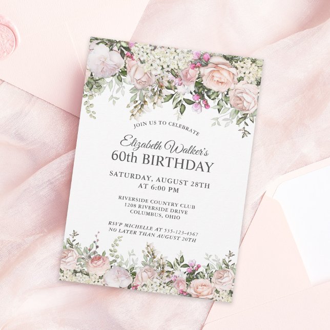Feminine Pink Roses Floral 60th Birthday Party Invitation (Creator Uploaded)