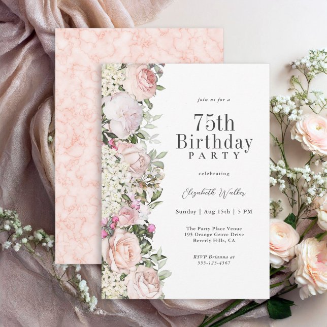 Feminine Pink Roses Floral 75th Birthday Party Invitation (Available as printed and paperless digital download!)