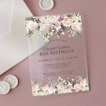 Feminine Pink Roses Floral 80th Birthday Party<br><div class="desc">A beautifully feminine party invitation to celebrate an 80th birthday in elegant style, this Irresistible floral design is bordered in charming pink roses, mixed flowers and trailing greenery. All of the text may be personalised for your party, including the guest of honour's age. This beautiful acrylic invitation adds a modern...</div>
