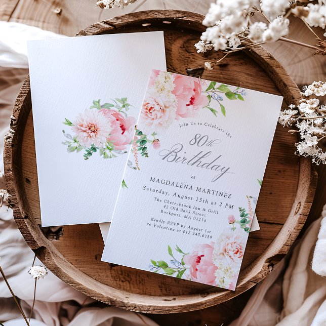 Feminine Pink Roses Floral 80th Birthday Party Invitation (Creator Uploaded)