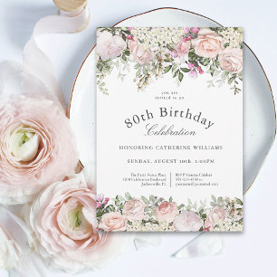 Feminine Pink Roses Floral 80th Birthday Party Invitation