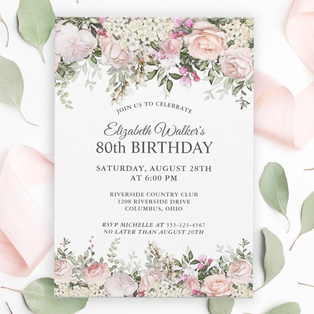 Feminine Pink Roses Floral 80th Birthday Party Invitation (Creator Uploaded)