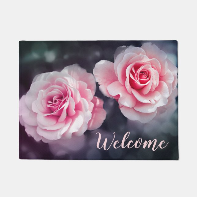 Feminine Pink Roses Floral Photo Welcome Doormat (Front)