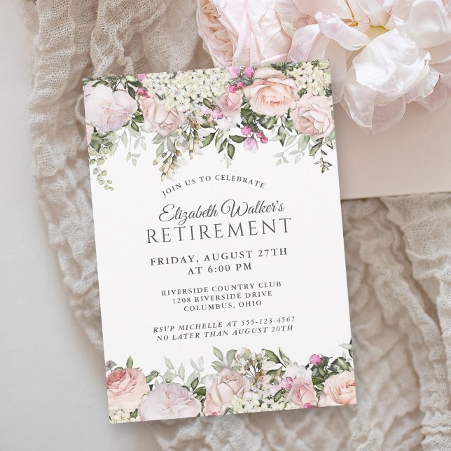 Feminine Pink Roses Floral Retirement Celebration Invitation (Available as printed and paperless digital download!)