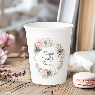Feminine Pink Roses Happy Birthday with Name Paper Cups