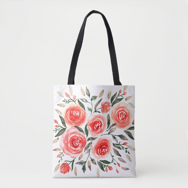 Feminine Pink Roses Watercolor Floral Illustration Tote Bag (Front)