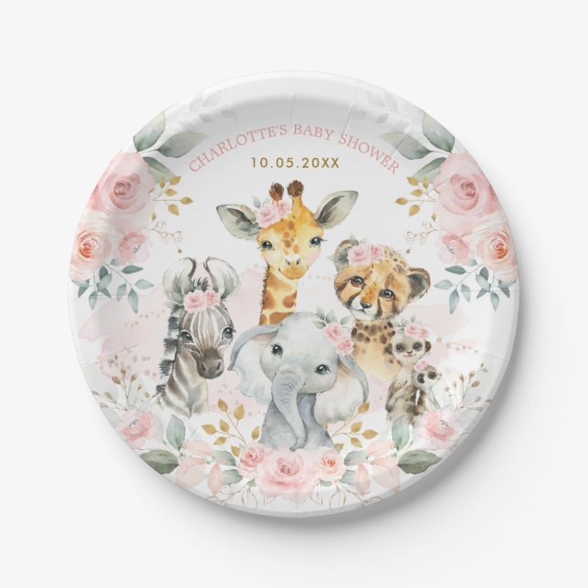 Feminine Pink Safari Jungle Wild Animals Baby Girl Paper Plate (Front)