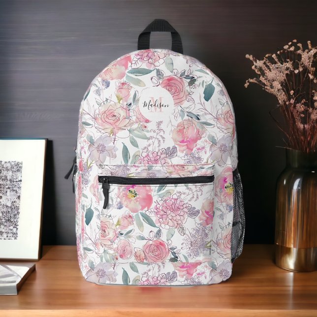 Feminine Pink Sketched Floral with Monogram Printed Backpack (Creator Uploaded)