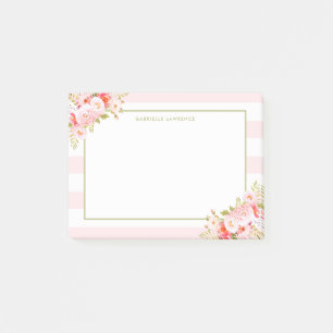 Feminine Pink Stripes and Peonies II Personalised Post-it Notes