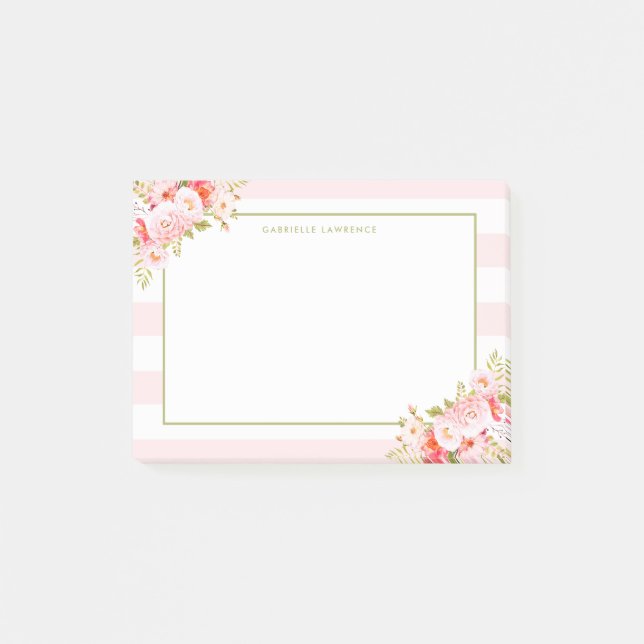 Feminine Pink Stripes and Peonies II Personalised Post-it Notes (Front)