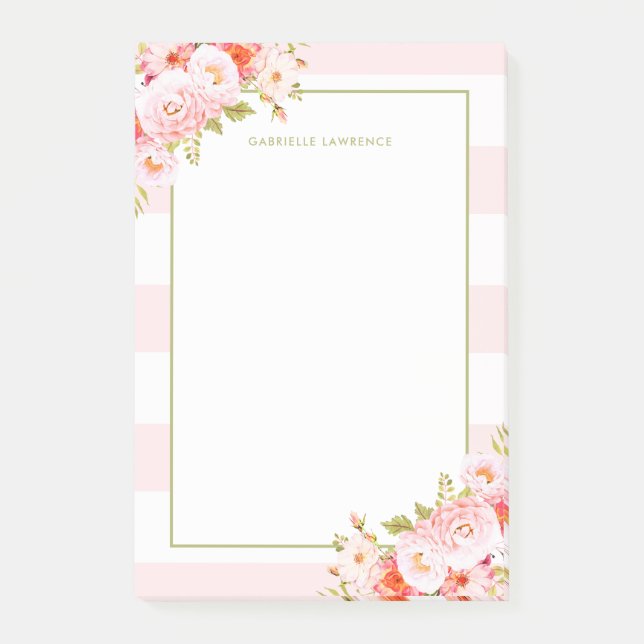 Feminine Pink Stripes and Peonies Personalised Post-it Notes (Front)