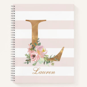 Feminine Pink Stripes Floral Gold Personalised Notebook