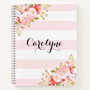 Feminine Pink Stripes Floral Personalised Notebook