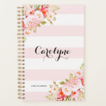 Feminine Pink Stripes Floral Personalised Planner<br><div class="desc">Feminine and elegant planner illustrations of pink peonies,  flowers and foliage. This pink botanical planner will be perfect as a personalised gift.</div>