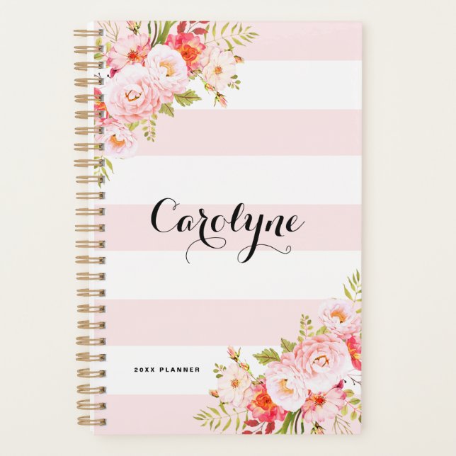 Feminine Pink Stripes Floral Personalised Planner (Front)
