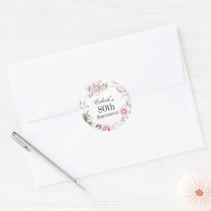 Feminine Pink Watercolor Floral 80th Birthday Classic Round Sticker