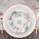 Feminine Pink Watercolor Floral 80th Birthday Paper Plate<br><div class="desc">Celebrate an 80th birthday in beautiful feminine style with this lovely paper plate in pastel pink watercolor florals. A text template is included to personalise with the guest of honour's name. You can also use this template for other ages by personalising the number 80 to your desired age number. Plates...</div>