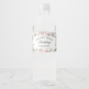 Feminine Pink Watercolor Floral 80th Birthday Water Bottle Label