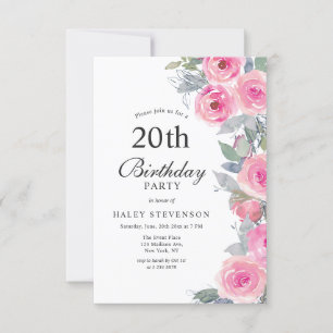Feminine Pink Watercolor Floral Chic 20th Birthday Invitation