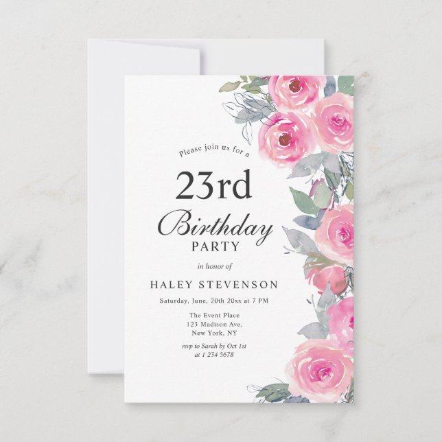 Feminine Pink Watercolor Floral Chic 23rd Birthday Invitation (Front)