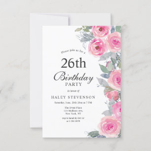 Feminine Pink Watercolor Floral Chic 26th Birthday Invitation