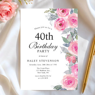 Feminine Pink Watercolor Floral Chic 40th Birthday Invitation