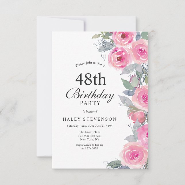 Feminine Pink Watercolor Floral Chic 48th Birthday Invitation (Front)