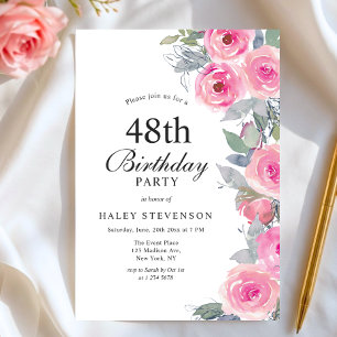Feminine Pink Watercolor Floral Chic 48th Birthday Invitation