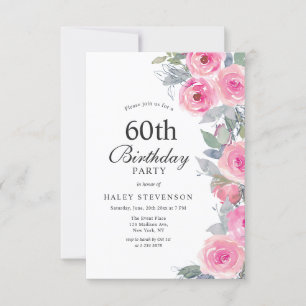 Feminine Pink Watercolor Floral Chic 60th Birthday Invitation