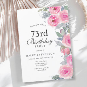 Feminine Pink Watercolor Floral Chic 73rd Birthday Invitation