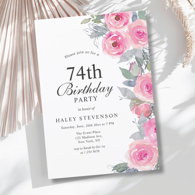 Feminine Pink Watercolor Floral Chic 74th Birthday Invitation (Creator Uploaded)