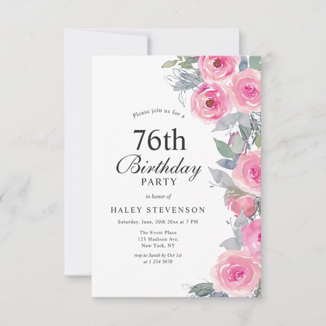 Feminine Pink Watercolor Floral Chic 76th Birthday Invitation (Front)