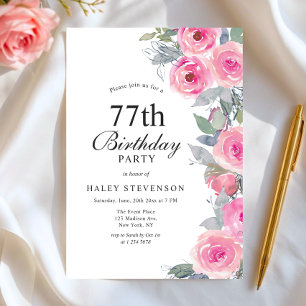 Feminine Pink Watercolor Floral Chic 77th Birthday Invitation