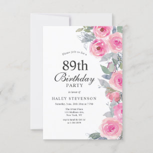 Feminine Pink Watercolor Floral Chic 89th Birthday Invitation