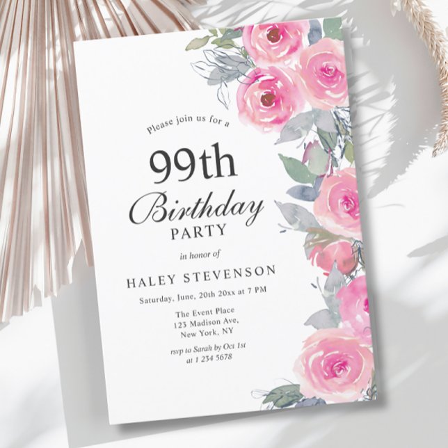 Feminine Pink Watercolor Floral Chic 99th Birthday Invitation (Creator Uploaded)