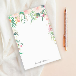 Feminine Pink Watercolor Floral with Your Name Post-it Notes