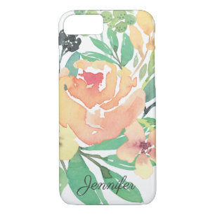 Feminine pink watercolor peony leaves personalised iPhone 8/7 case