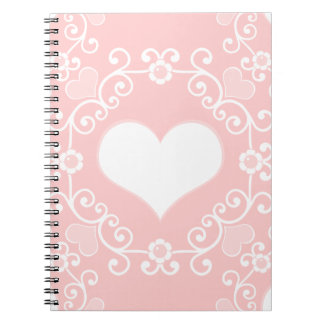Feminine Pink White Heart Damask Pattern Notebook